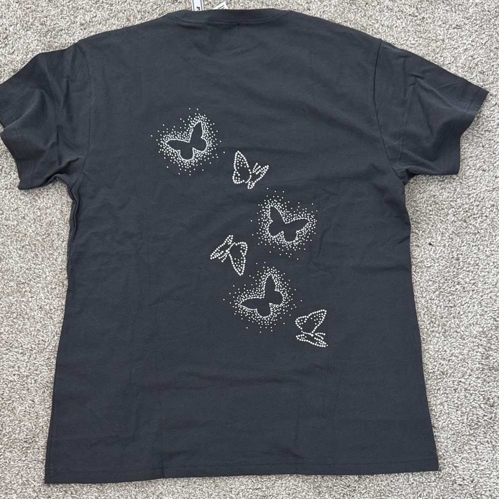 PINK Victoria’s Secret charcoal gray campus tee T-Shirt Butterfly bling oversize
